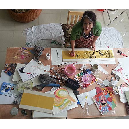 Sharpe in Beijing painting a Chinese Opera series on gold silk 2015.